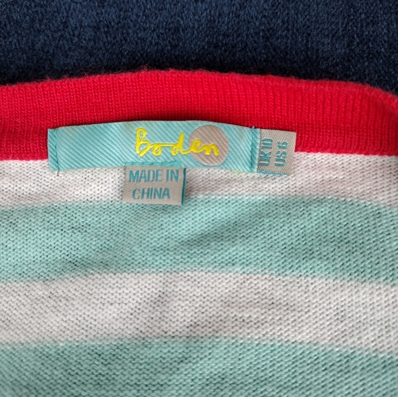 Boden Size US 6 / UK 10 Teal White Red Striped w/Pockets Sweater Cardigan - Picture 4 of 7